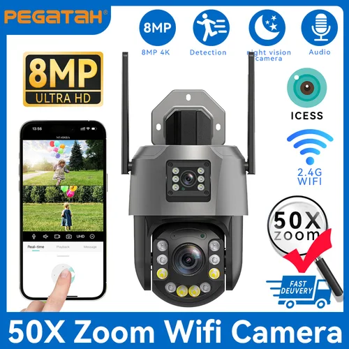 Imagen 1 del producto Cámara PTZ con Zoom de 8MP y 50X, Wifi, lente Dual, 4K, 20X, cámara de vigilancia en exterior, distancia de visión IR Ultra larga de 393 pies, seguridad ONVIF