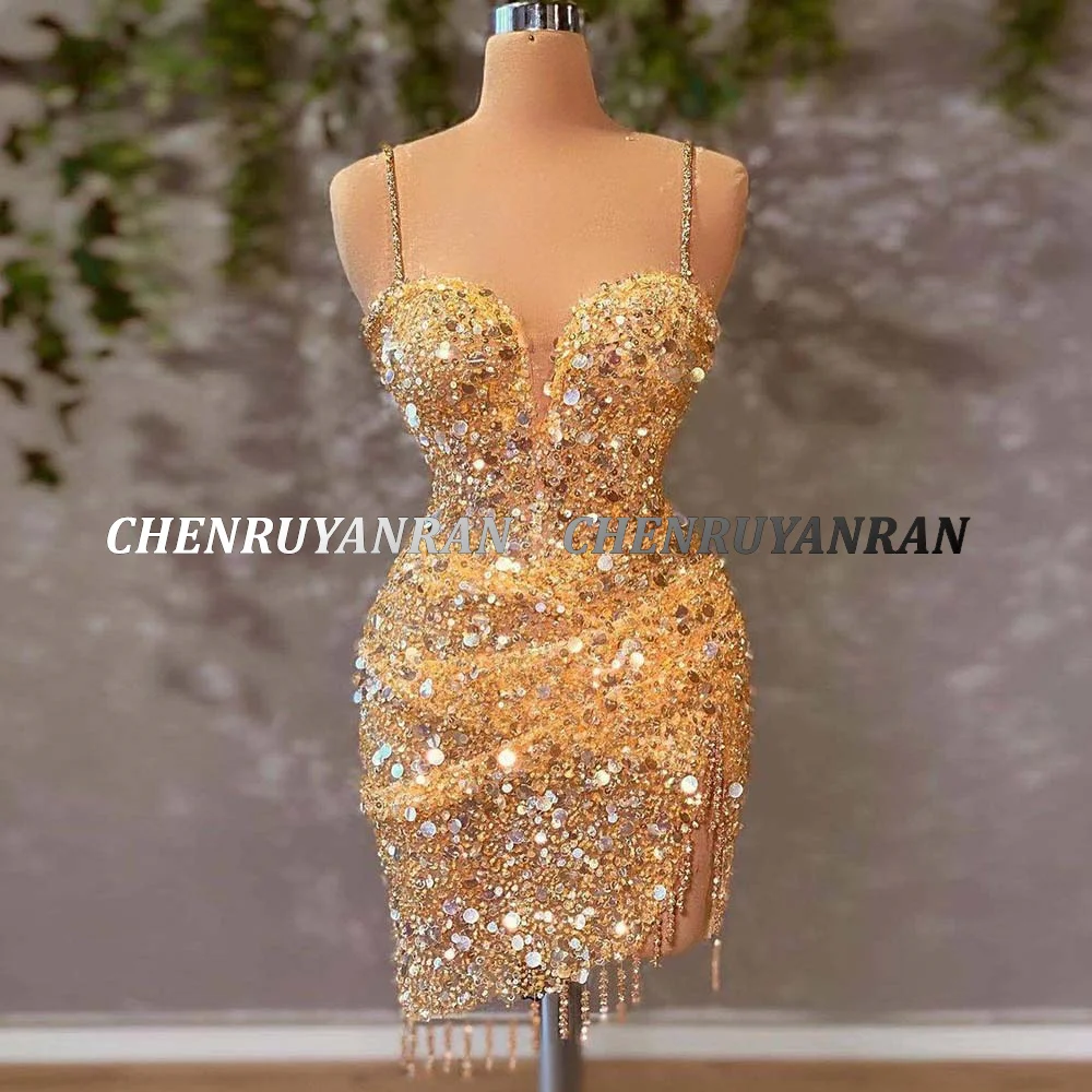 Customized Yellow Cocktail Dresses Spaghetti Strap Bead Evening Formal Gowns Sparkle Tassel Elegant Dress Women Wedding Party