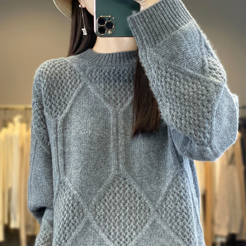 Newly Launched 100% Pure Wool Women's Knitted Sweater In 2024. Round Neck Three-Dimensional Hook Flower Hollow. Woolen Sweater