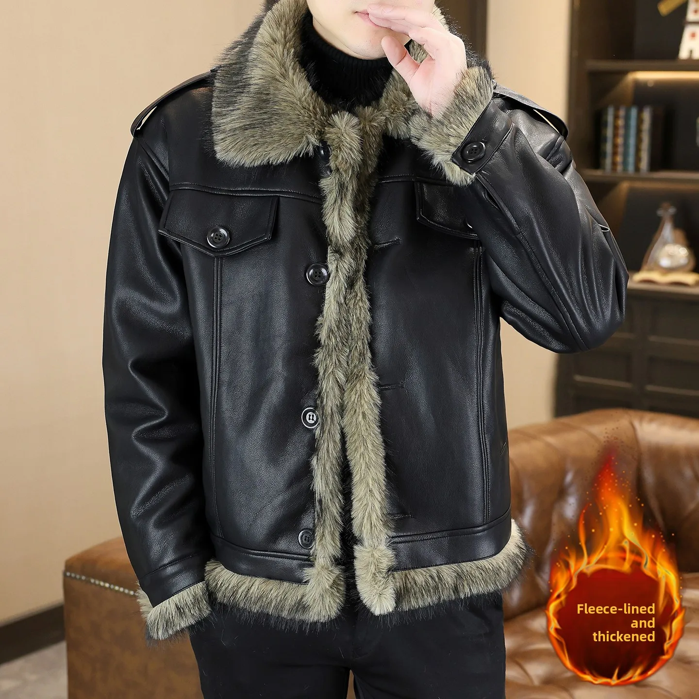 

Men's Biker Jaet Vintage Thiened Fce Warm Winter Outerwear Casual Loose Fit Long Sve Button Decoration Faion Urba...