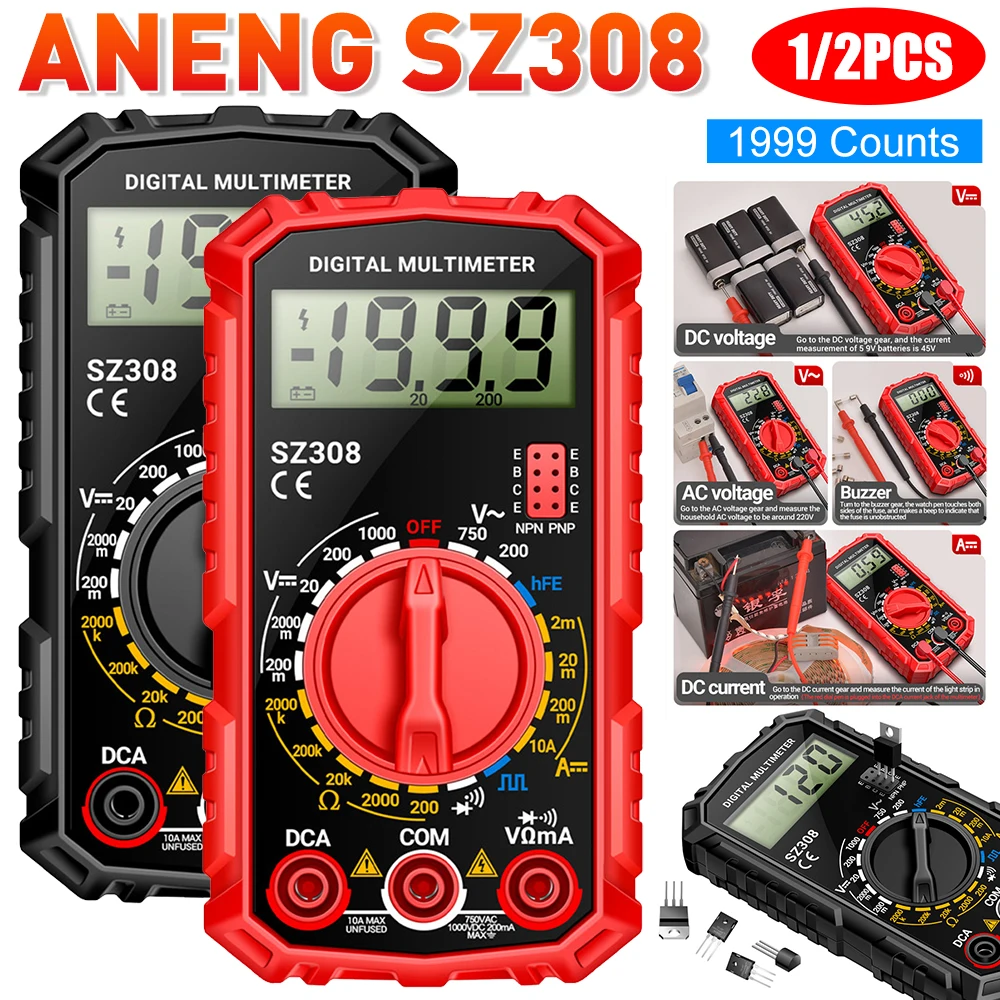 ANENG SZ308 Square Wave Digital Tester 1999 Counts AC/DC Voltmeter Ammeter LCD HFE Triode Buzzer Electrician Ohm Square Wave Tes