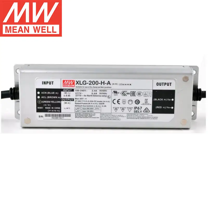 Controlador de iluminación LED MEANWELL XLG-200-H-A, modo de potencia constante, función PFC activa integrada, AC-DC a prueba de agua IP67, Taiwán