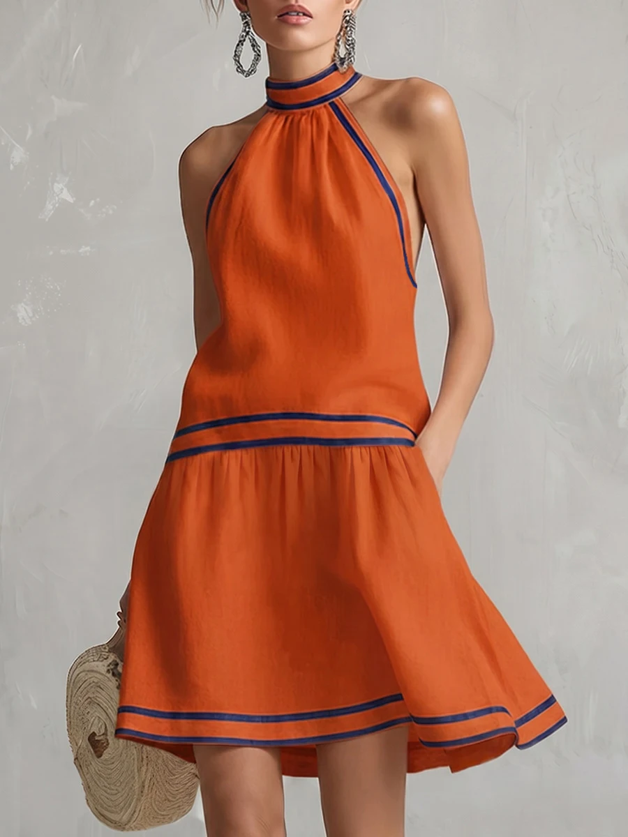 

Freeacy Women's Orange Halter Neck Mini Dress Navy Contrast Striped Trim Sleeveless Ruffle Hem Casual Beach A-line Dresses