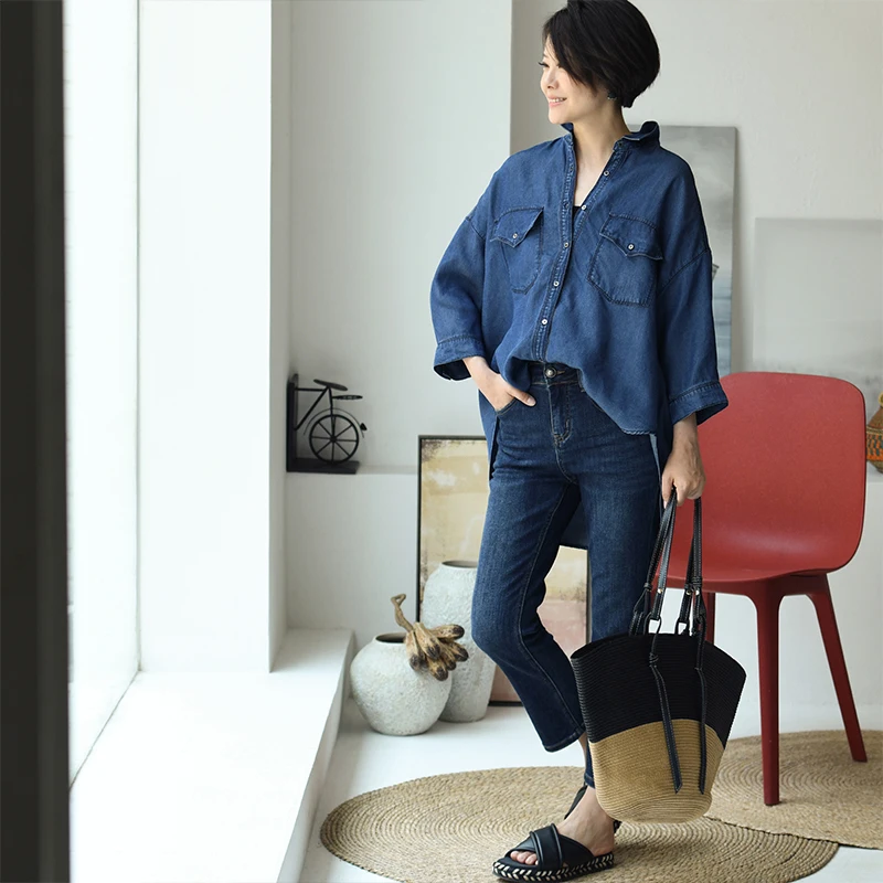 C2217C Korean style double pocket relaxed Tencel short front and long back dark blue denim shirt for women summer