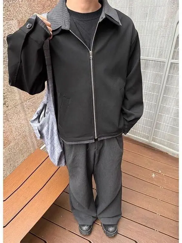 

American Sle Patchwork Fake Two-Piece Jaet Trendy Men's Autumn Winter oulder Zipper Stripe Collar Design Casual Outerwear