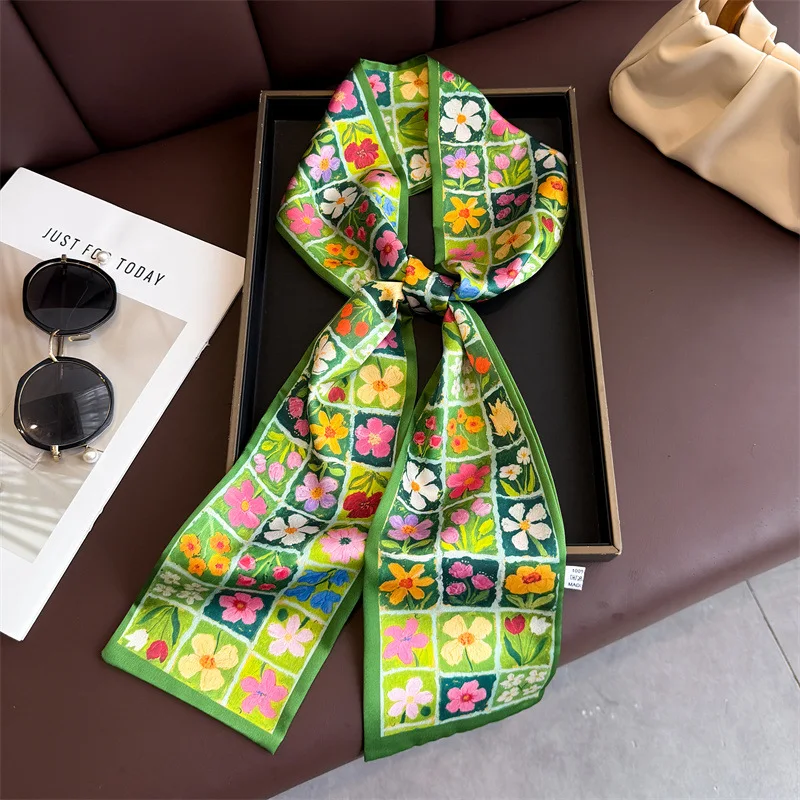 Summer Fashion Skinny Silk Scarf 145x12cm Satin Bag Ribbon Neck Foulard For Female Flower Print Hair Neckerchief Women Headband - view 2