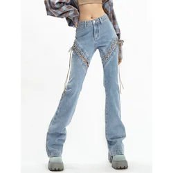 Blue High Waisted Women Flare Pants Jeans Drawstring Streetwear Fashion Vintage Wide Leg Pants Summer 2023 Female Denim Trouser