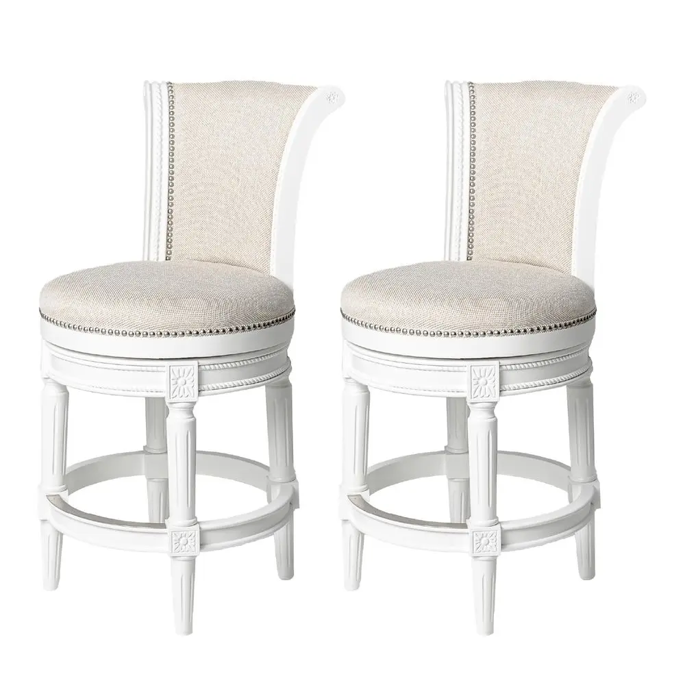 

Pullman Counter Stool 26 Inches Set of 2 Swivel Stools with Footrest White Solid Wood Frame amp Natural Fabric Upholstery Perfe