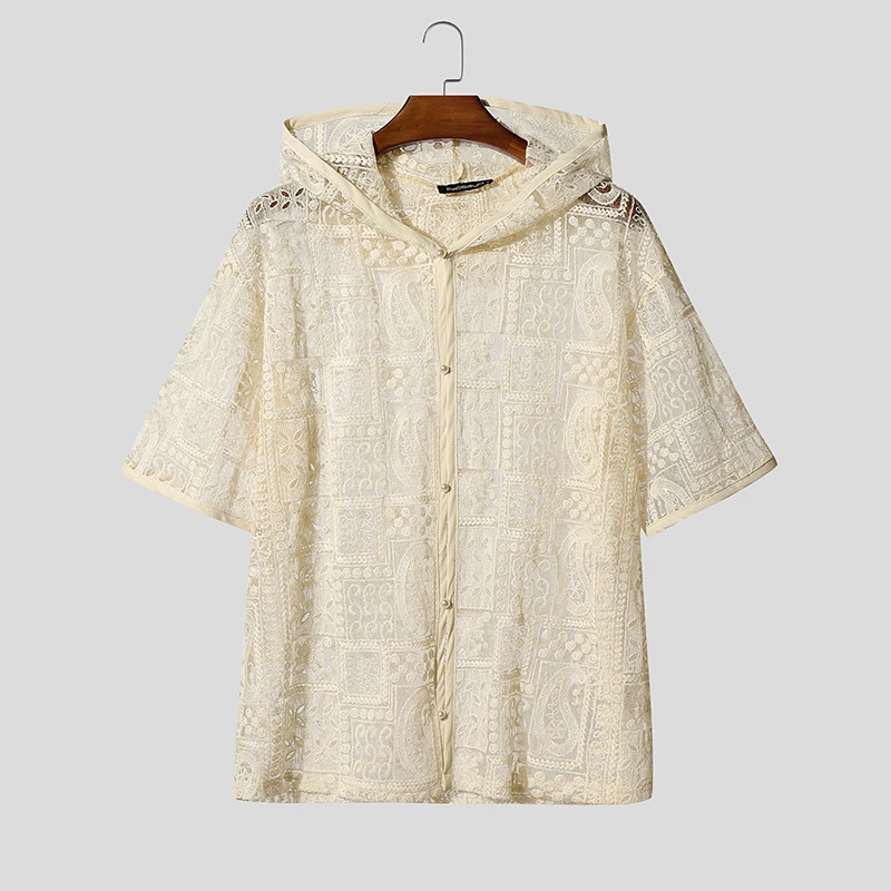 

INCERUN Мужская рубашка, кружевная прозрачная рубашка с капюшоном и коротким рукавом на пуговицах, мужская одежда, сексуальная свободная уличная одежда, модные повседневные мужские рубашки 2025 года