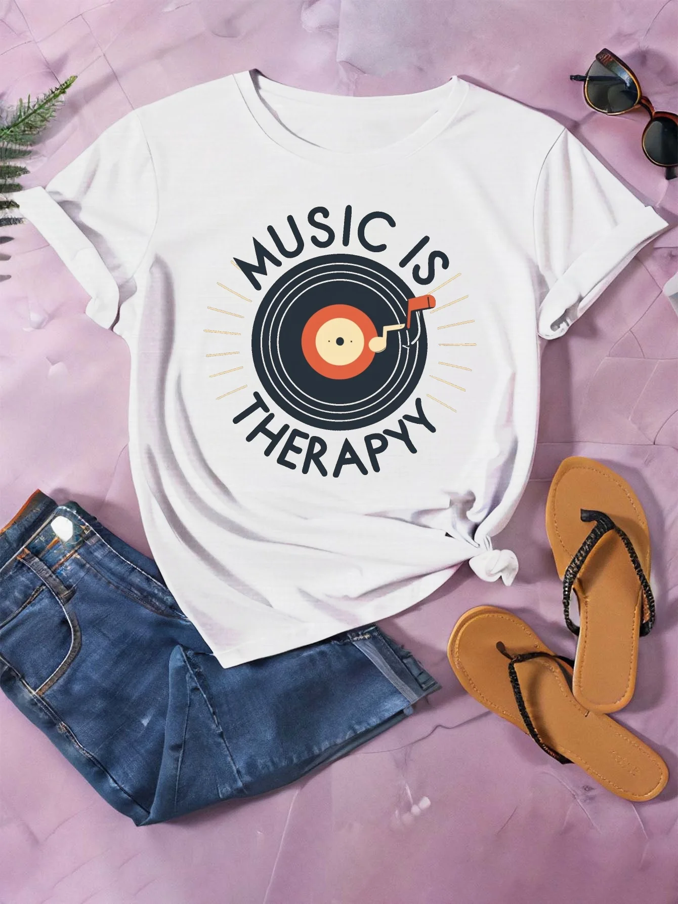 

Music Is Therapy Print Casual T-shirt, Crew Neck Short Sleeve Top For Spring & Summer, Women's Clothing