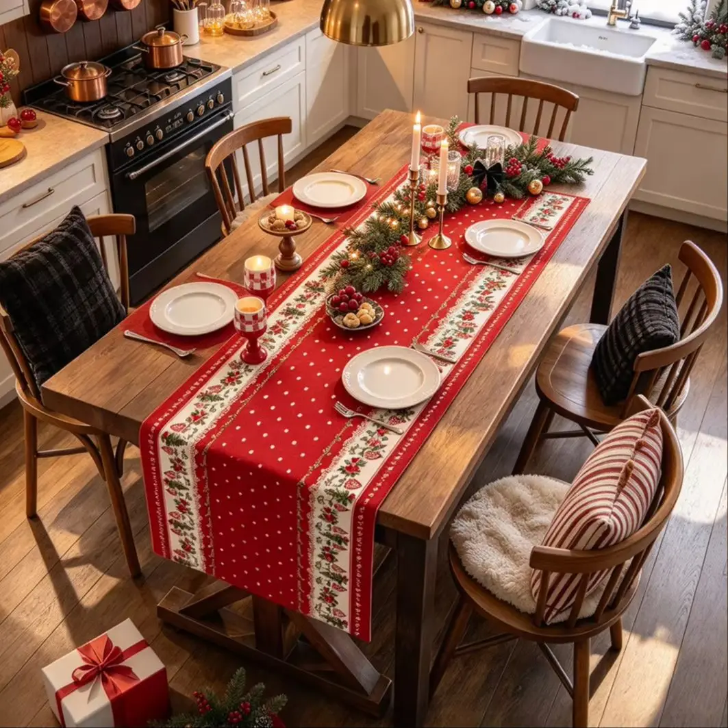 1PC Red Polka Dot Floral Farmhouse Table Runner, Christmas Table Decoration for Dining Room Kitchen Xmas Party Home Decor