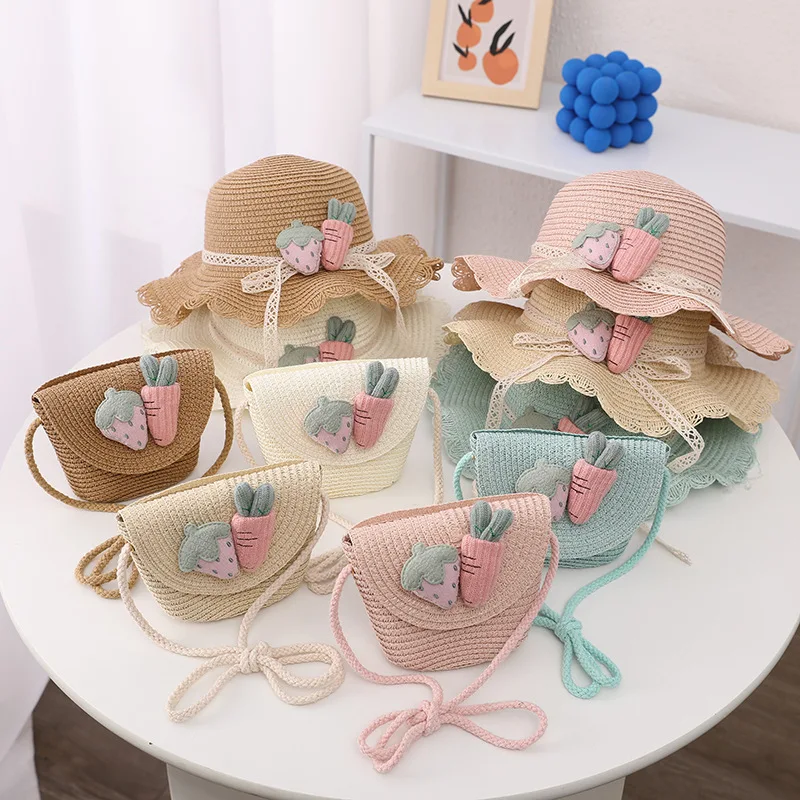 Fashion Summer Children Sunscreen Straw Hat Bag Weaving Grass Cap Cool Sun Hat For Girl Cute Breathable Baby accessories