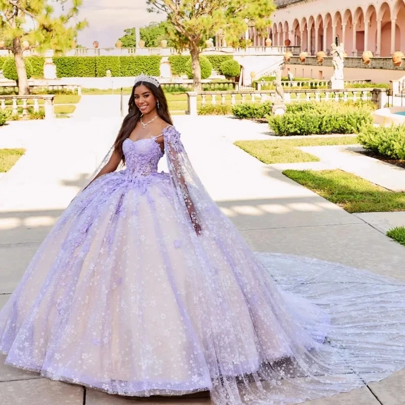 Sexy Off Shoulder Quinceanera Dress Ruffles with Appliques Lace With Cape Sweep Train Ball Gown Sweet 16 Vestidos De Fiesta