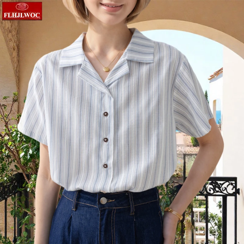 

Casual Retro Tops Blouses New Design 2025 Summer Short Sleeve Women Cute Sweet Girls Office Lady Green Striped Button Shirts