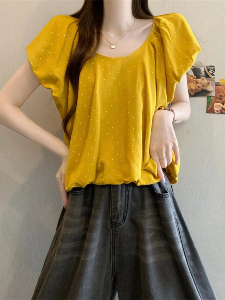 

Sweet Polka Dot Square Collar Bubble Sleeve Loose Fit Summer Shirt for Women Chiffon Material Slimming Floral Print Top