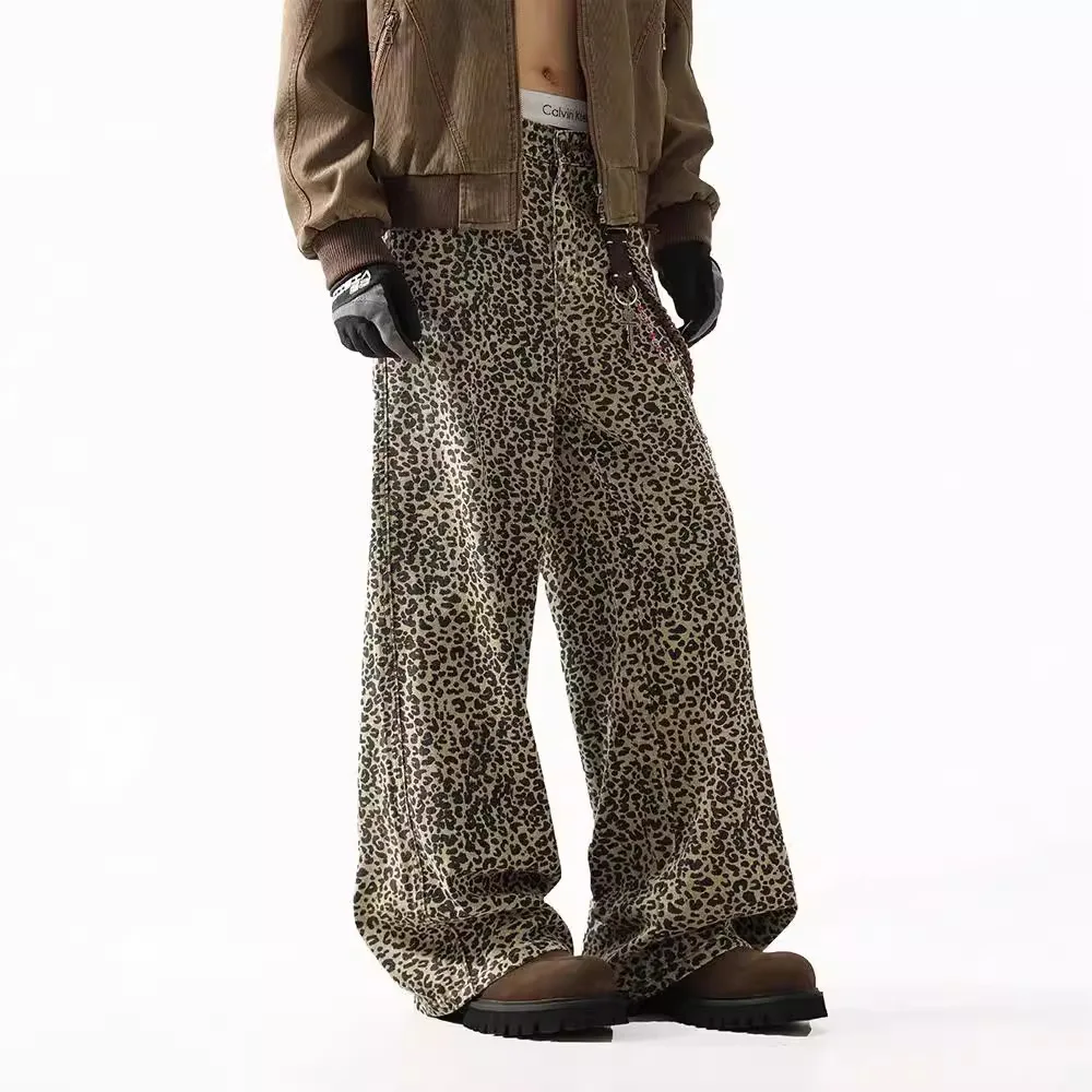 

Firmranch American Vintage Street Leopard-print Baggy Jeans High Waist Wide Leg Casual Pants Retro Loose Spring Summer Trousers