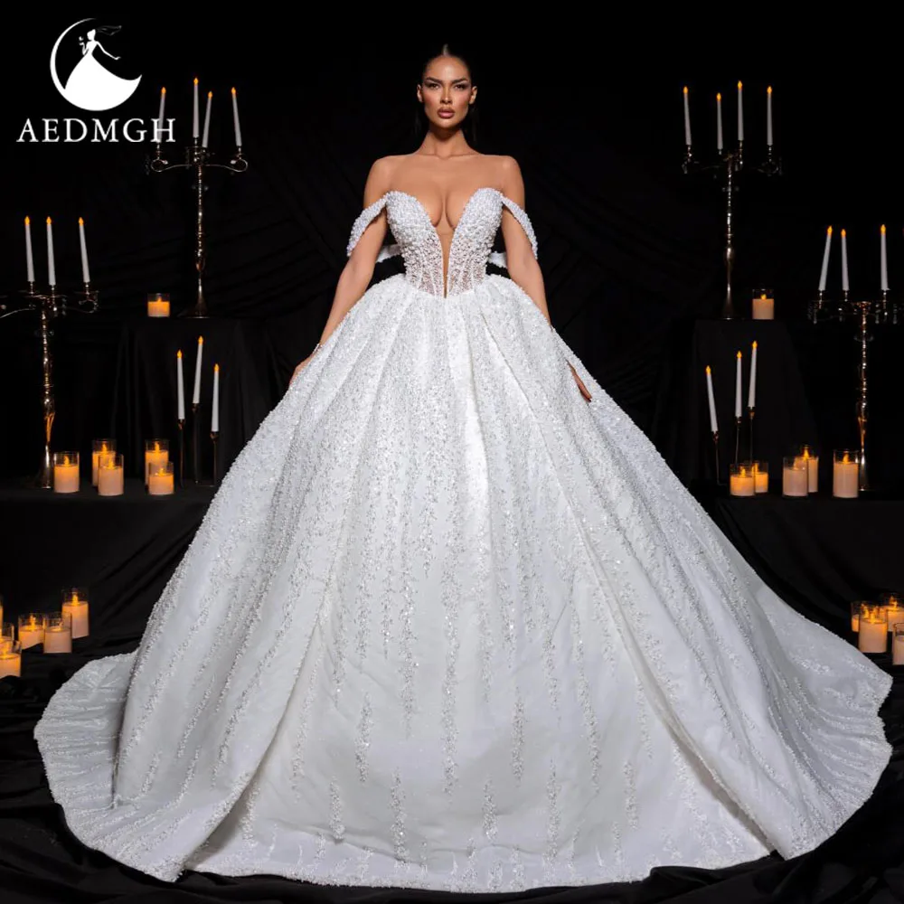 Aedmgh Ball Gown Luxury Wedding Dresses Off The Shoulder Vestido De Novia Lace Beaded Sequined Delicate Custom Made Bridal Gowns