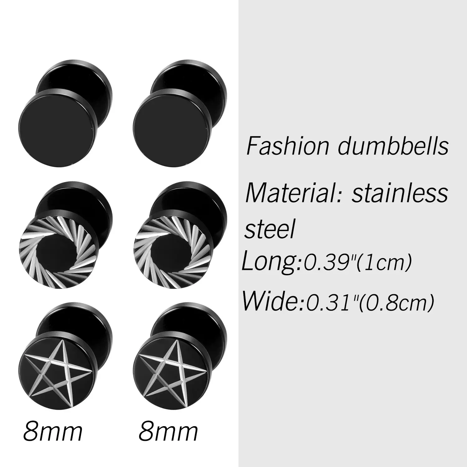 2Pcs/6Pcs Black Stainless Steel Mens Womens Pentagram Stud Earrings Pierced Faux Gauges Ear Plugs Tunnel Illusion 8mm/10mm