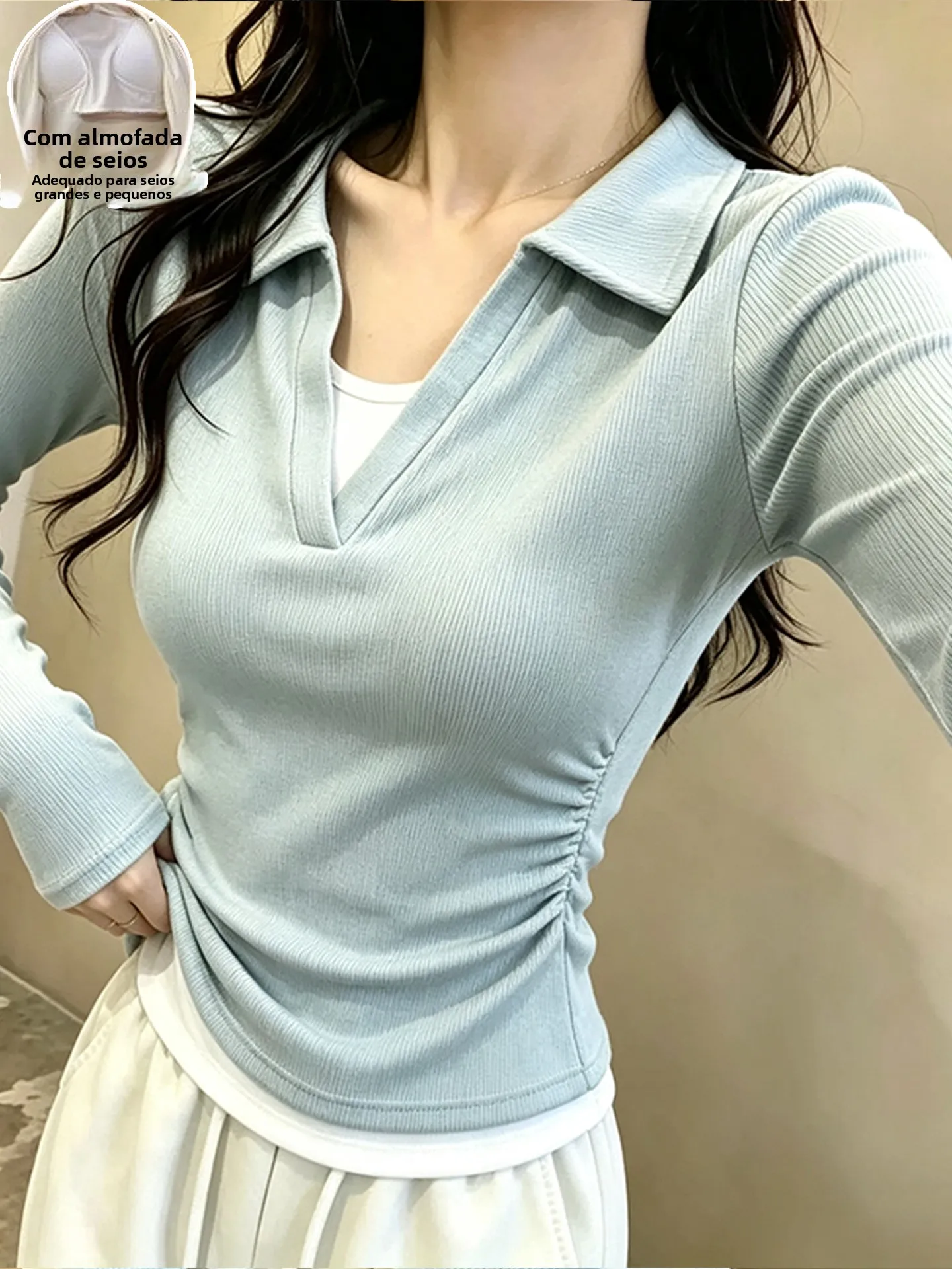 女性用寝間着-長袖-ポロ襟-ホームウェア-スリムフィット-秋スタイル-無地-シンプルデザイン-若者向けファッション