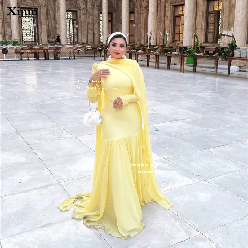 

Xijun Yellow Cape Sleeves A-Line Chiffon Long Evening Dresses Pleated Prom Dresses Saudi Arabic Formal Prom Gowns Customized