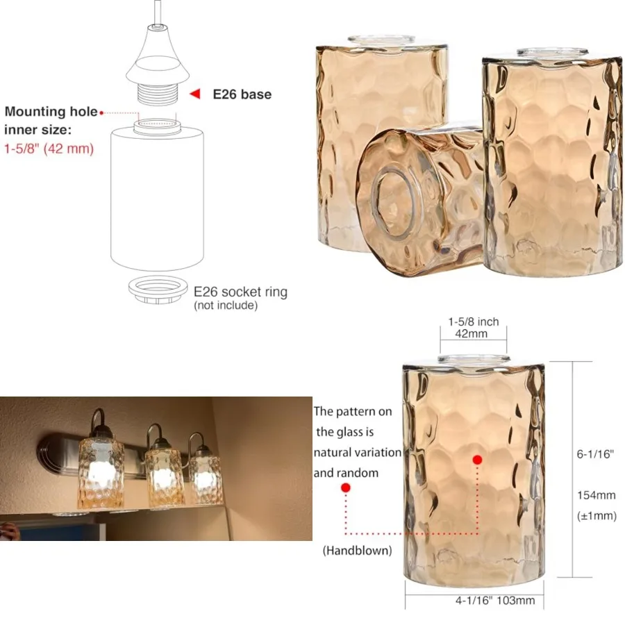 3 Pack Glass Lamp Shade Replacement, 1-5/8 Inch Fitter, 6-1/16