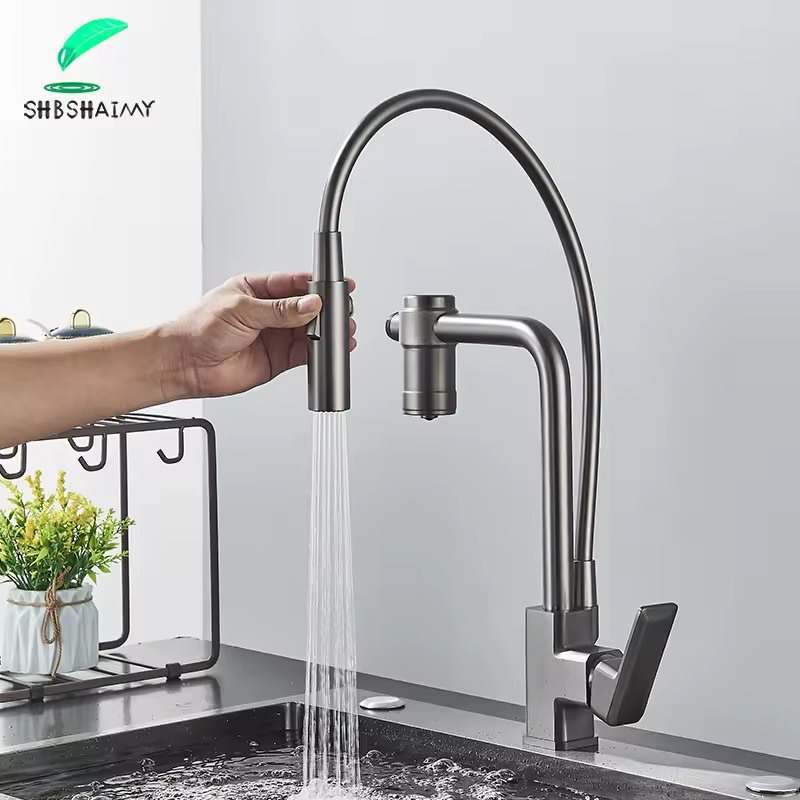 Pistola cinza filtrado guindaste para cozinha pull out spray 360 rotação filtro de água da torneira singles alças recurso purificação