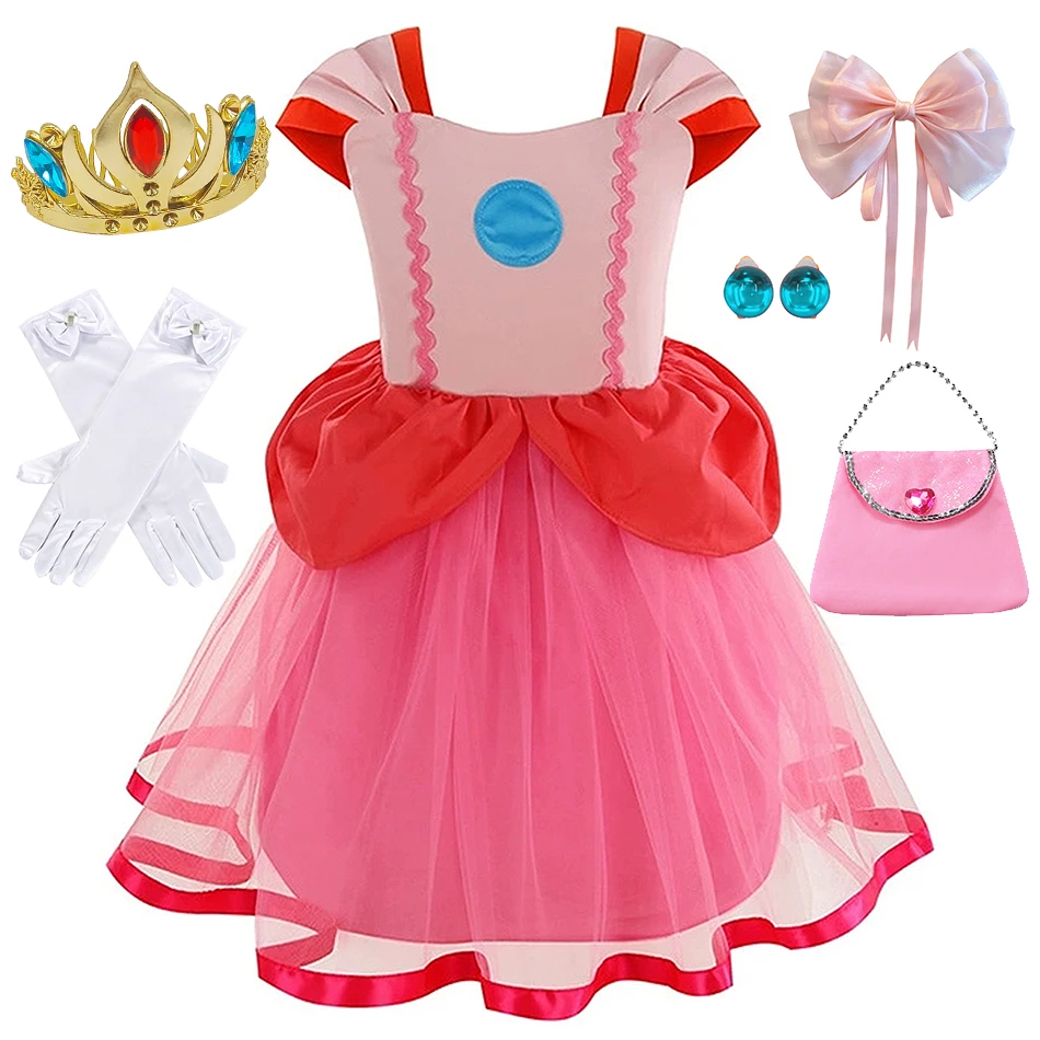 

Peach Aurora Cosplay Pink Dress Girls Summer Fancy Mesh Princess Costume Children Birthday Party Clothes Kids Halloween Vestidos
