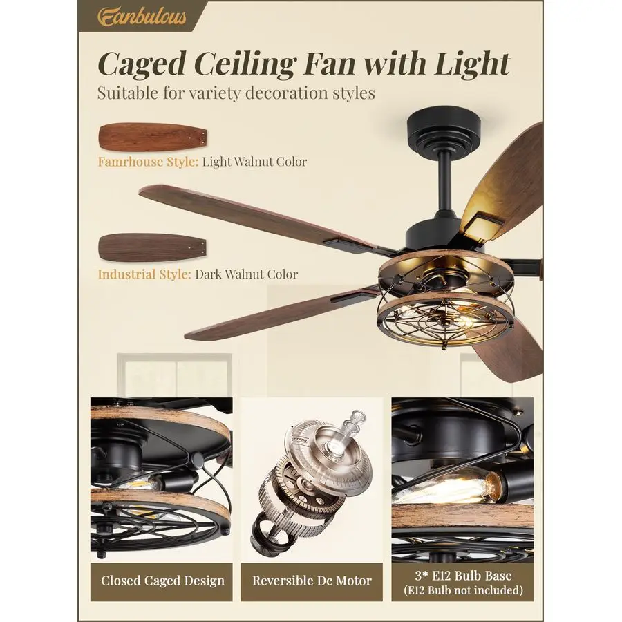 Inch Farmhouse Ceiling Fan with Light and Remote, Black Industrial Caged Flush Mount Ceiling Fans with 6 Speed Reversible Motor
