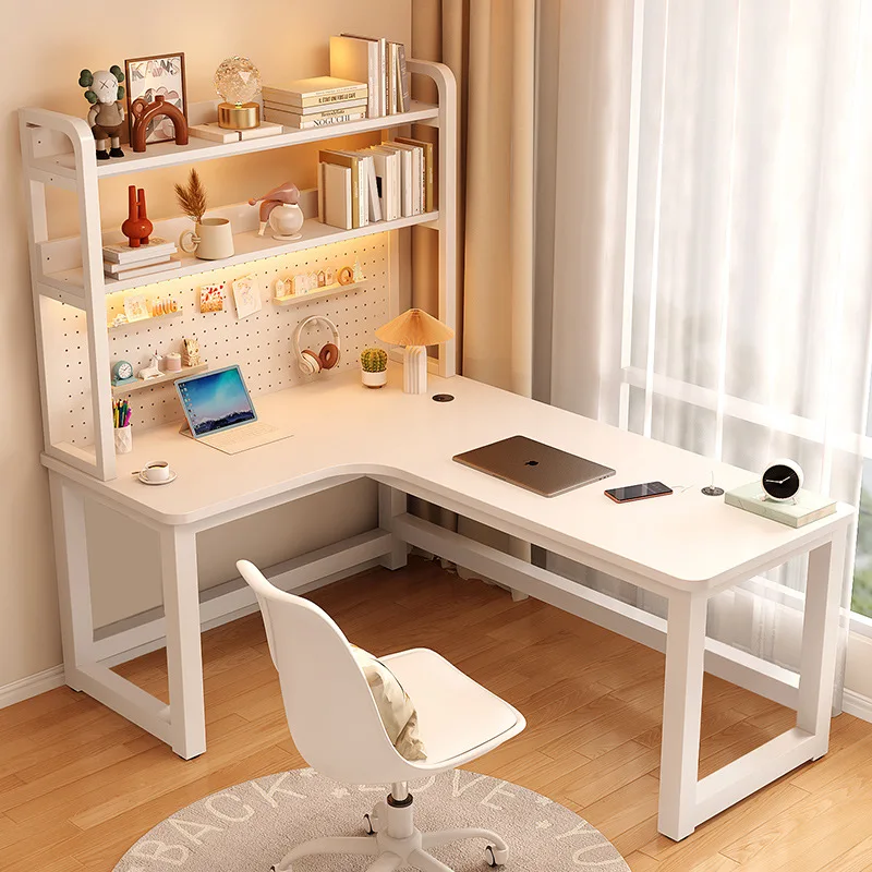 L Shaped Computer Desk with Desktop Storage Shelf Corner Office Desk Table for Home Study Workstation Solid Wood 120/140cm
