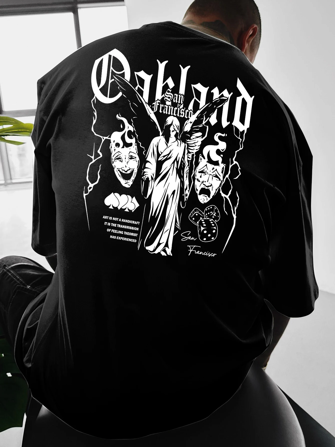 Men Oversized Streetwear T-shirt Oakland San Francisco Angel & Theater Mask Print Casual Crew Neck Short Sleeve Tee
