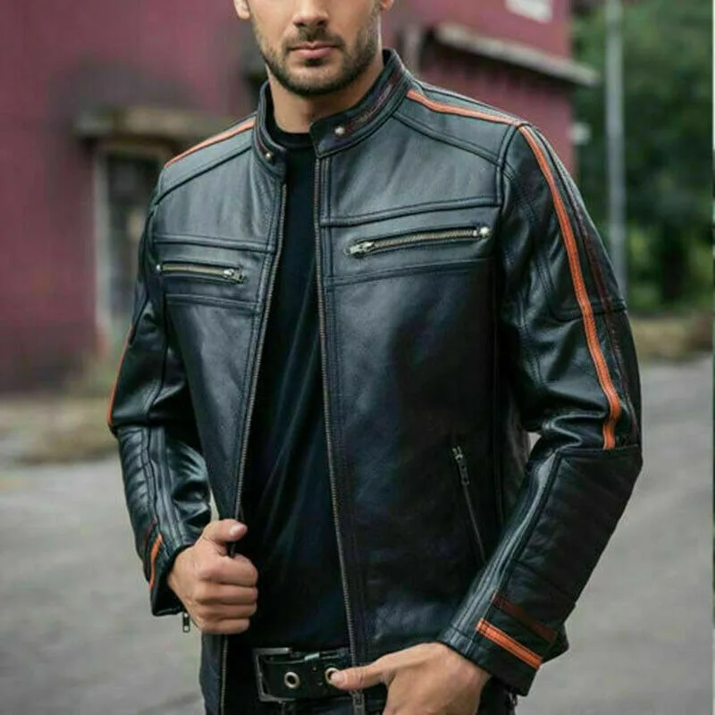 

Men Genuine Lambskin Real Leather Biker Black Stylish Jacket Zipper Motorcycle