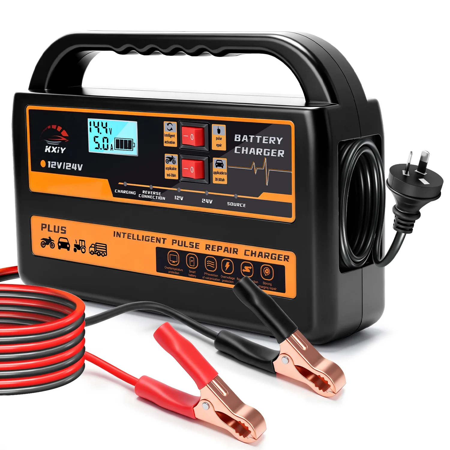KXIY W08 12V/10A 24V/5A Car Battery Charger with AU/EU/US/UK Plug Fully Automatic Pulse Repair for Lead Acid AGM GEL Batteries
