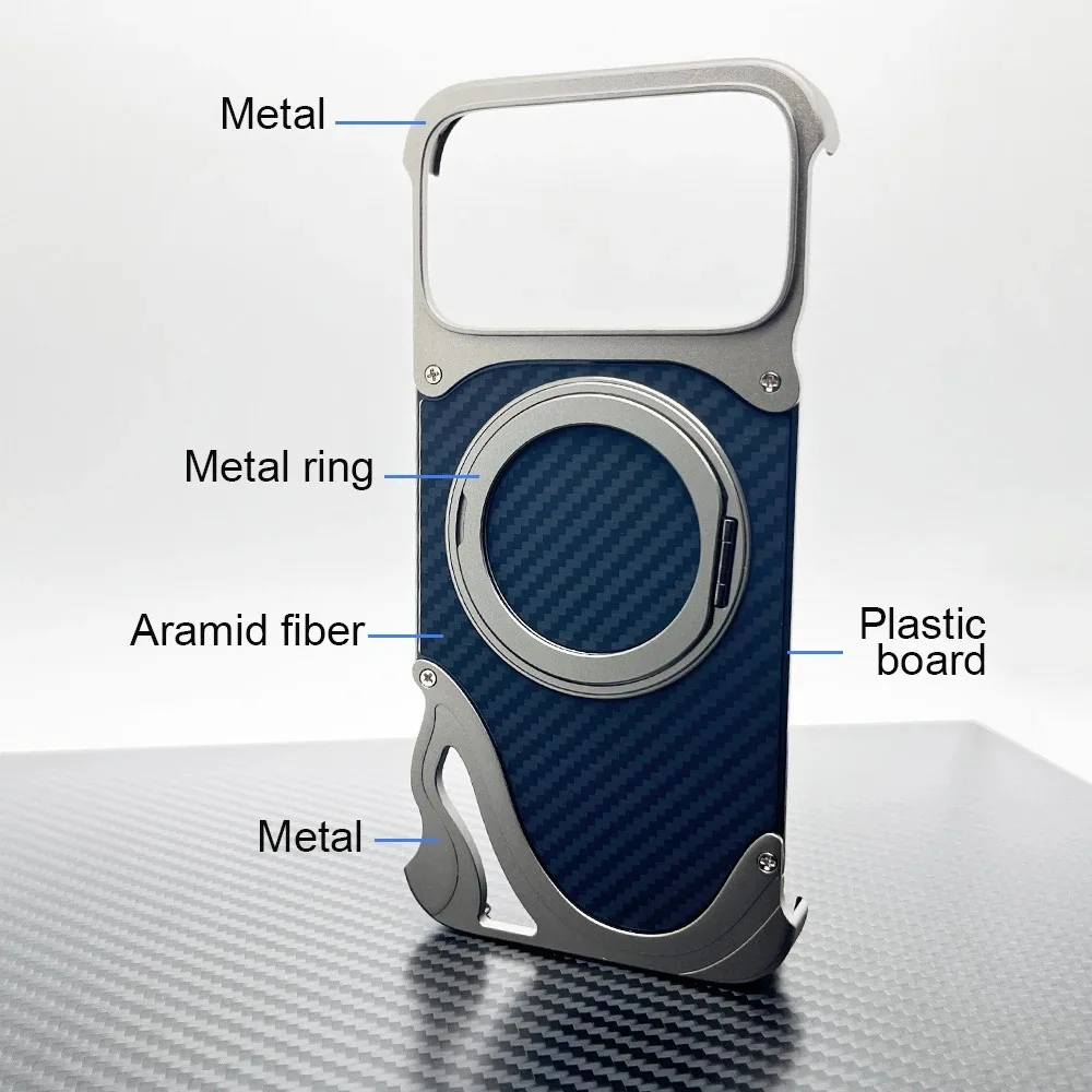 

Aramid Fiber phone case Suitable For iPhone 17 Pro Max Cover Frameless Metal Alloy 17 Pro Carbon Back Skin Built-in 360 Bracket