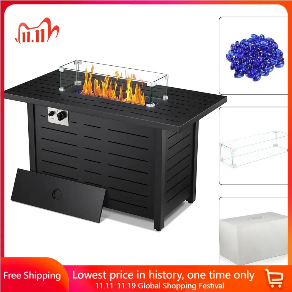 

43" Fire Pit Table with Blue Glass Rocks, Tempered Glass Wind Guard, Lid and Rain Cover, 50000BTU, Propane Gas Fire Pit Table