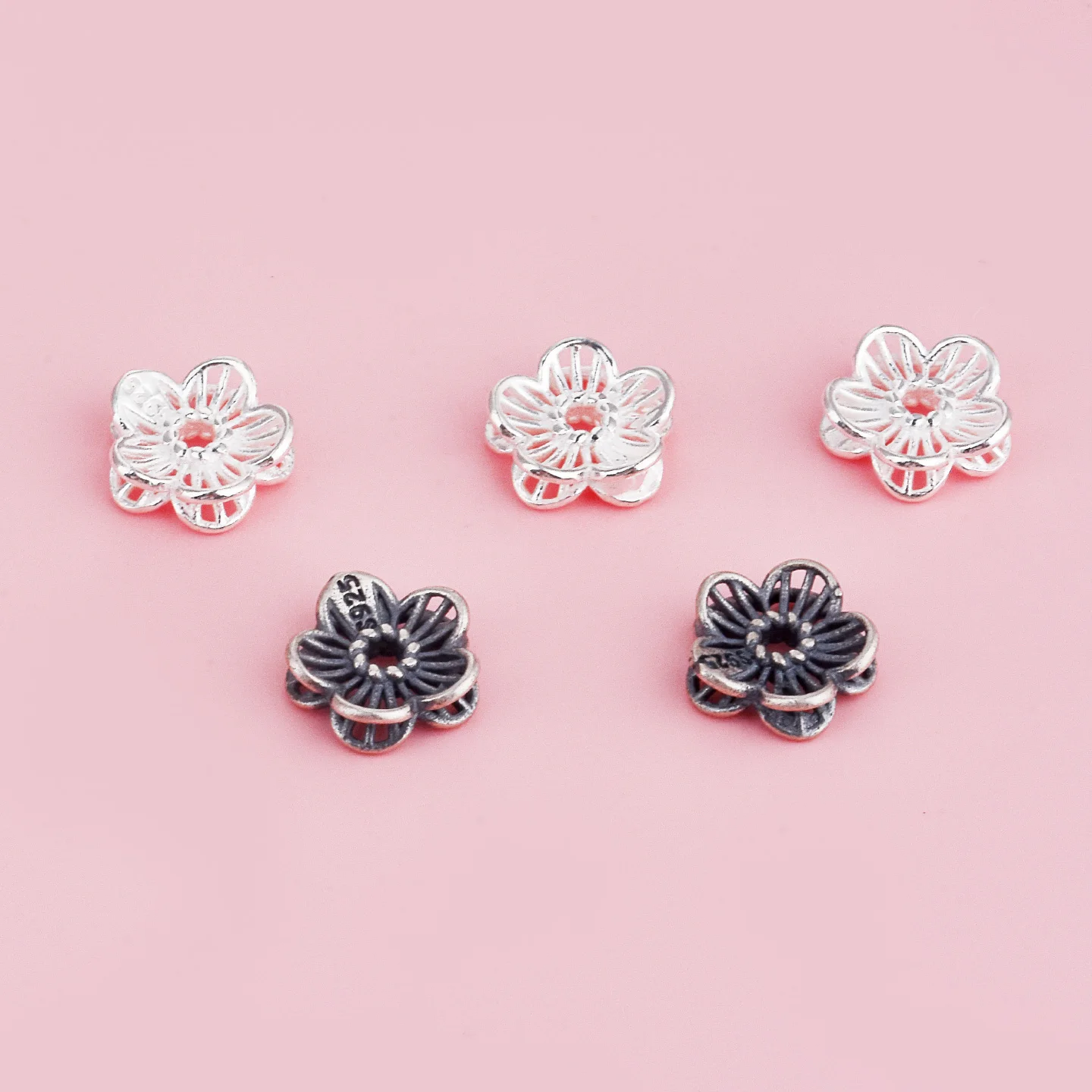 S925 pure silver, hollow double-sided lotus pattern, pearl hoop, handmade DIY stringing bracelet with bead accessories