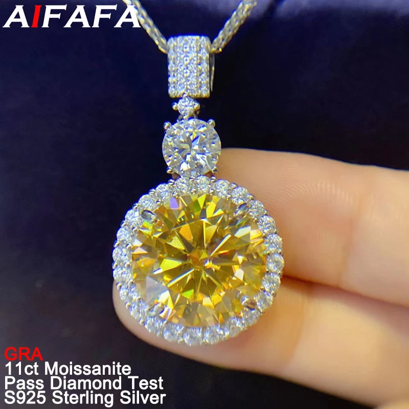 

AIFAFA 11 Carat Citrine Real Moissanite Pendant Necklace Big Gemstone Neck Chain S925 Pure Silver Jewelry Pass Diamond Test GRA