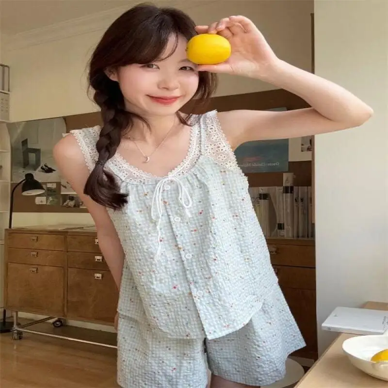 Floral Style Pajamas Spring and Summer Sweet Style Bow Tie Pajamas Girl Short Sleeves Trousers Student Dormitory Home Clothes