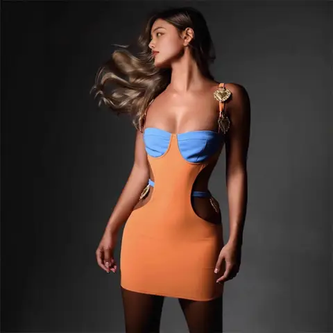 Fashionable High-End Color Block Bicolor Sexy Belted Wrap Dress Street Style Trendy Short V-Neck Sleeveless High Waist Dress