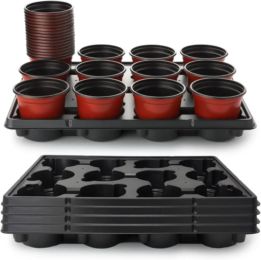 

4 inch Round Nursery Pots 60pcs, 12 Cell Nursery Pots Trays 5 Pcs, Sturdy Seeds Starting Germination Shuttle Carrying Trays, Sma