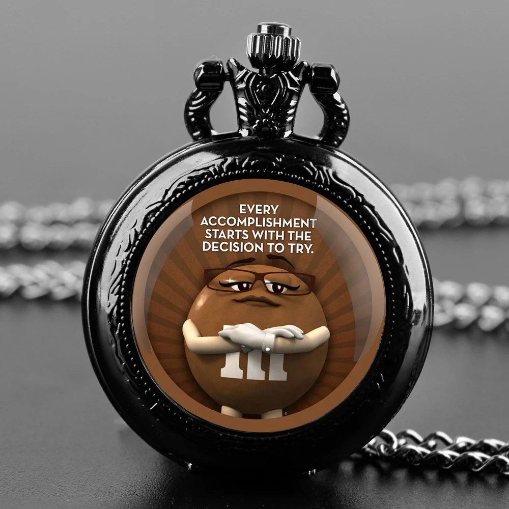 M & M's reloj de bolsillo de cuarzo con cúpula de cristal, diseño divertido de frijol de Chocolate para hombres y mujeres, collar con números árabes, accesorio de regalo