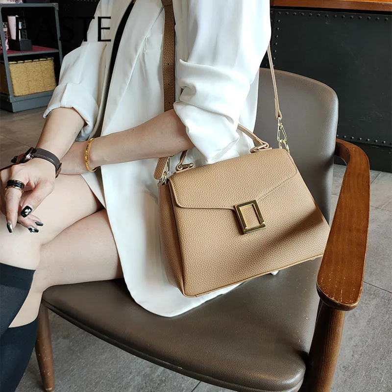 New Fashion Handbag Hit-color Lichi Grain Head Layer Cowhide Women's Crossbody Bag Premium Feeling Leather Female Shoulder Bag