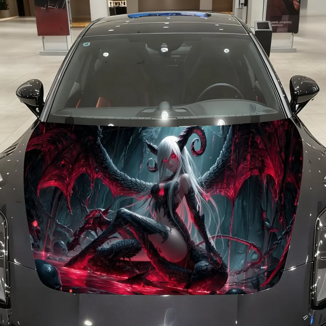 

Scarlet Wings and Silver-Haired Horned Goddess Car Vinyl Wrap, PVC Material Waterproof Car Hood Sticker, Self-Adhesive Scratch-R