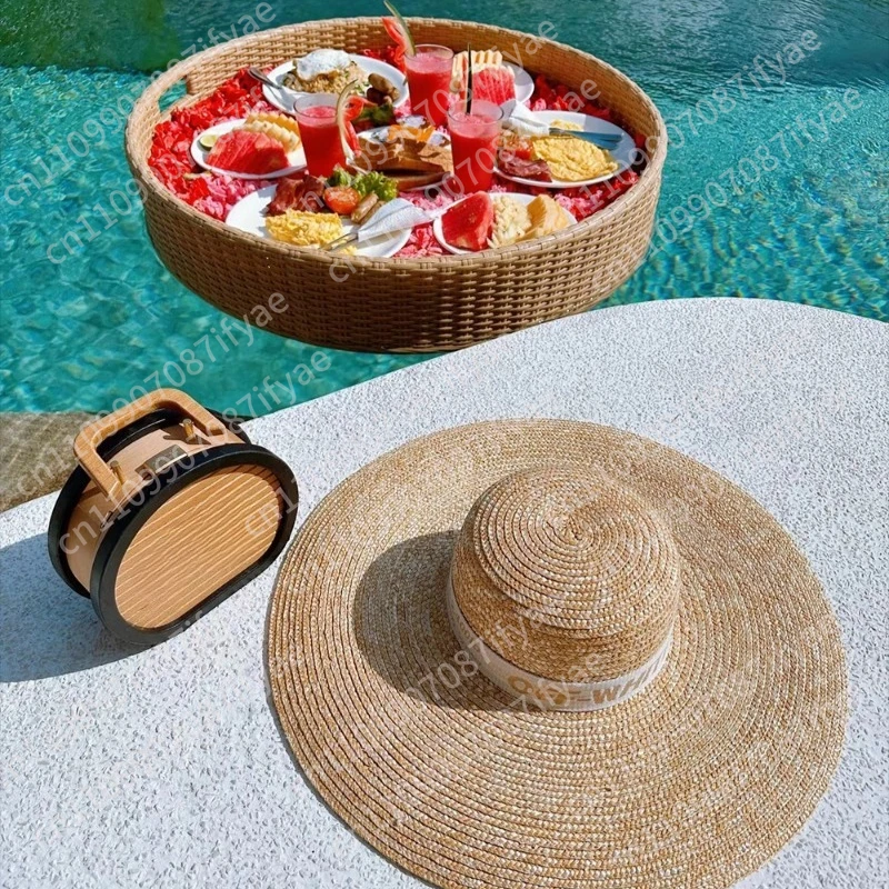 Swimming Pool Floating Breakfast Tray Water Vine Weaving Basket Wedding Photography Props Tray Decoration Internet Celebrity