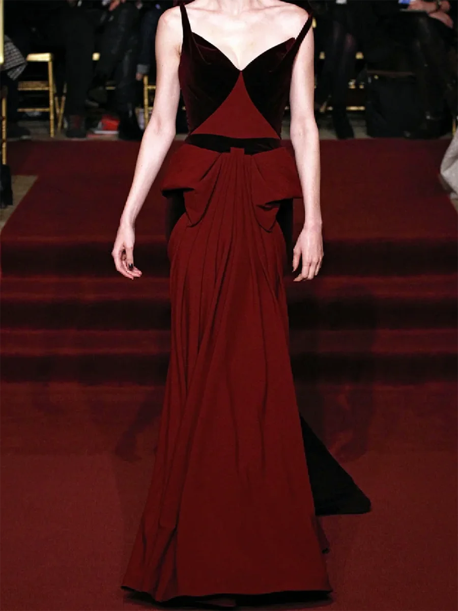 Elegant V-Neck Spaghetti Strap Sleeveless Pleat Floor Length Formal Evening Dresses Celebrity Dress Customized
