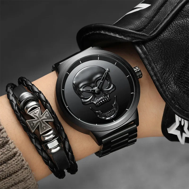 Punk Creative Skull Black Men Watches BIDEN Stylish Waterproof Stainless Steel Casual Quartz Sport Wristwatch for Men Retro Gift