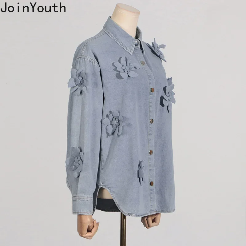 Camisas De Mujer Vintage Denim Blouses Jackets for Women Chic 3D Floral Casual Shirts Y2k Tops Streetwear Fashion Blouse Coat