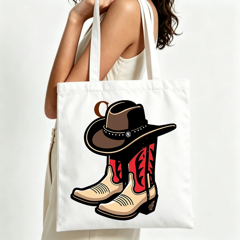 western style cowboy boots and hat graphic canvas tote bag, perfect for casual outings and country-inspired daily use