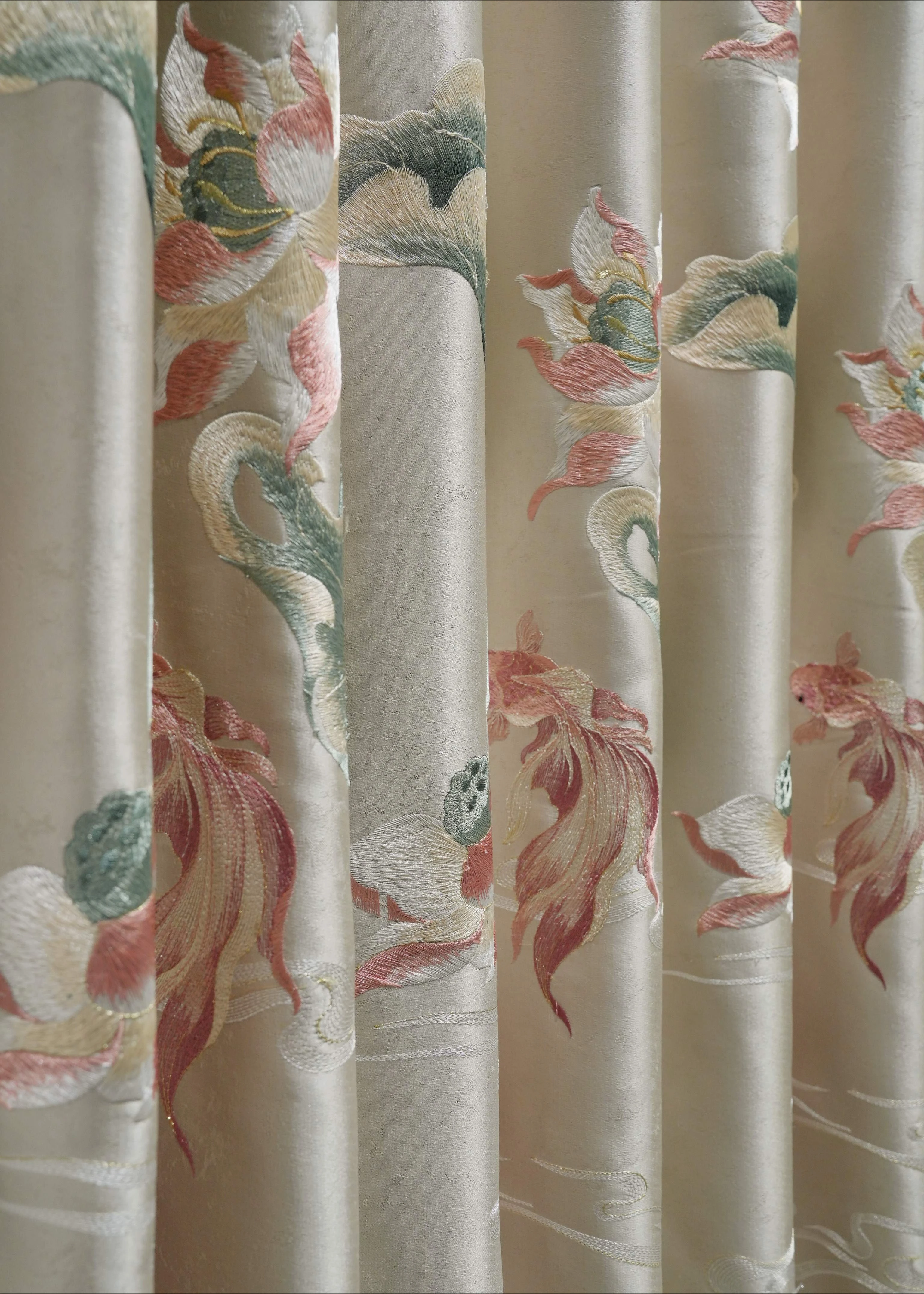 High-quality Luxury Champagne Color Lotus Carp Embroidered Blackout Curtains for Villa Living Room Bedroom Apartment
