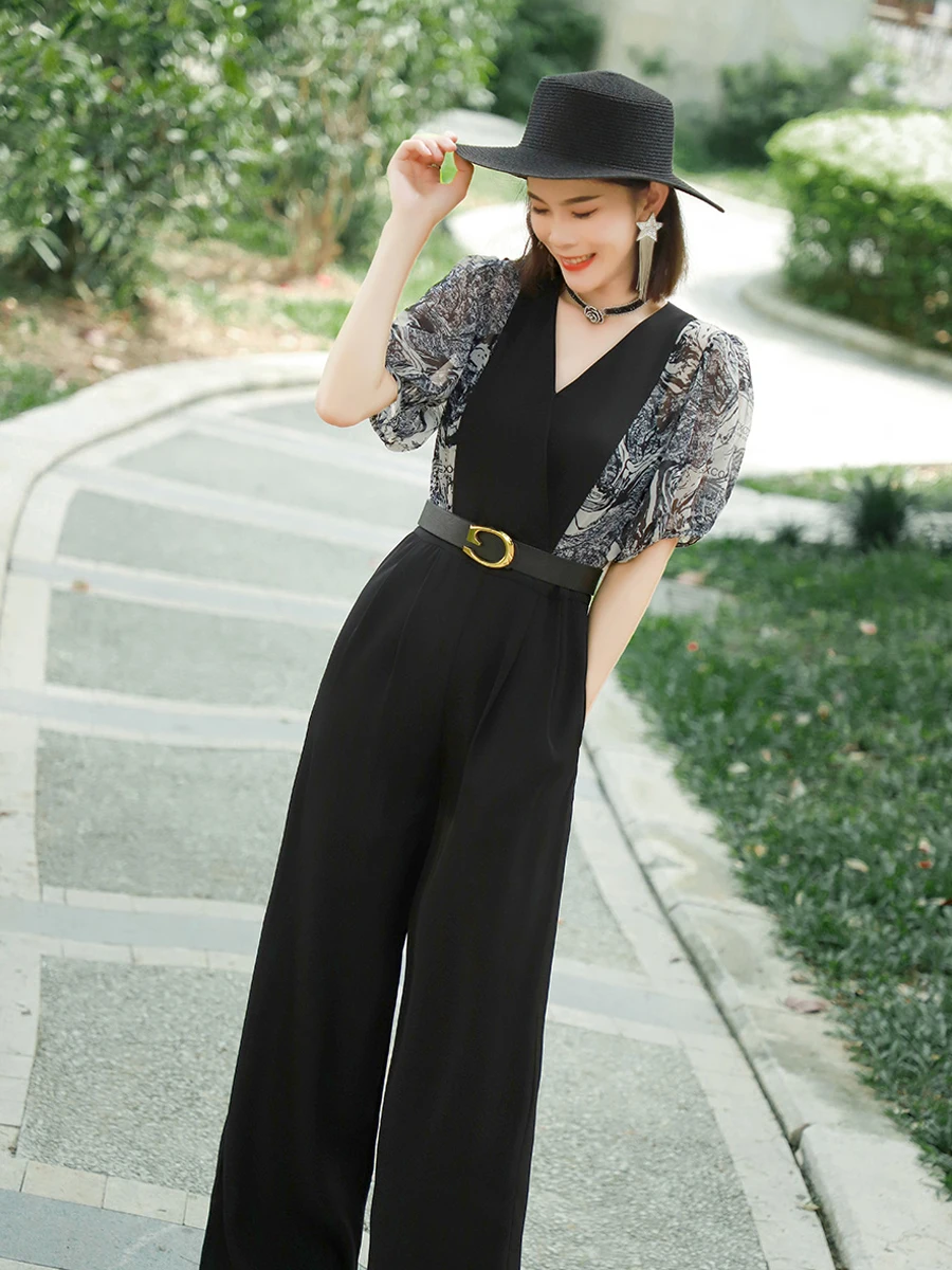 Koreaanse Elegante Patchwork Zwarte Jumpsuit Dames Zomer Hoge Taille Jumpsuits Met Korte Mouwen Combinaison Femme Overalls