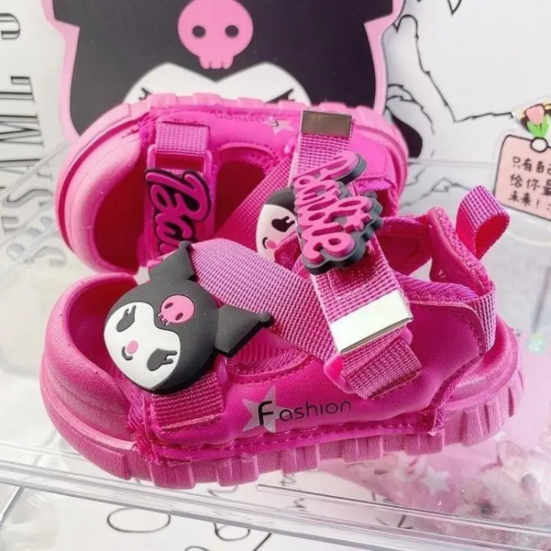 Anime Kawaii Sanrios Kuromi Summer Hollow Cartoon Velcro Kids Baotou Girls Sandals Soft Bottom Students Casual Beach Shoes Gift